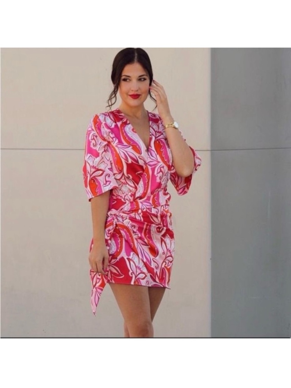 Zara Pink, Red & Orange Abstract Print Wrap Dress
